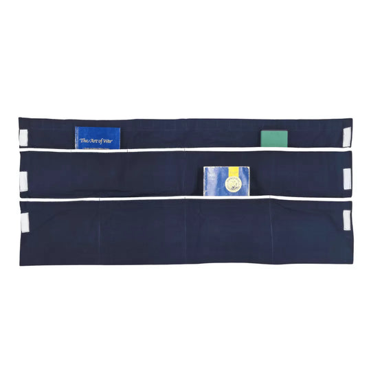 Ship Rack Curtain Liner for Navy & Coast Guard in dark blue with pockets holding books and tablets with velcro closure tabs