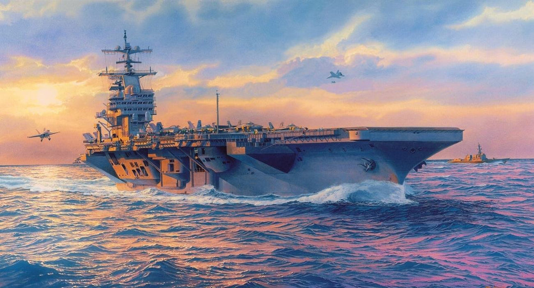 Oil painting of a US Navy aircraft carrier conducting flight operations.