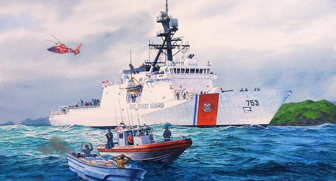 Oil painting of a Coast Guard boat conducting search and rescue operations at sea.