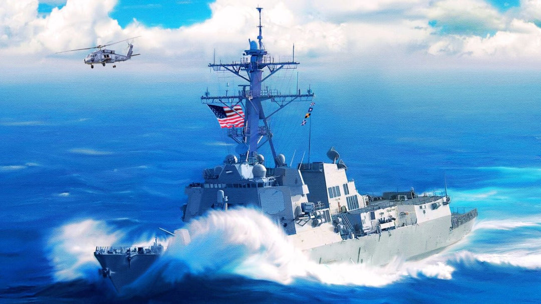 Oil painting of a US Navy destroyer navigating through high winds and heavy seas.