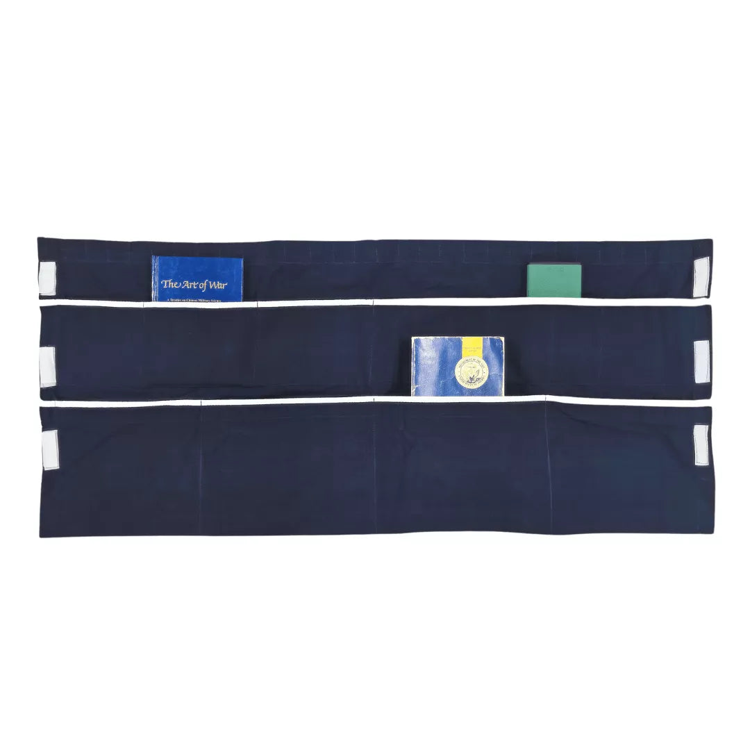 Ship Rack Curtain Liner for Navy & Coast Guard in dark blue with pockets holding books and tablets with velcro closure tabs 